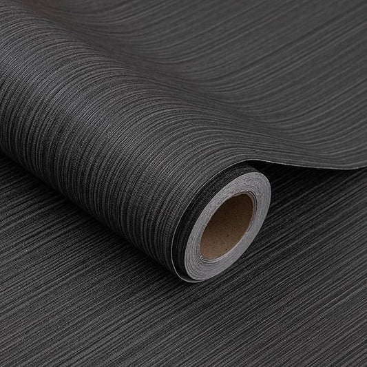 Black Grasscloth Wallpaper Peel and Stick Fabric Linen Textured 24"x394" Classic Faux Grassweave Upgraded Thick Self-Adhesive Neutral Contact Paper Vinyl Film Liner Roll for Home Use