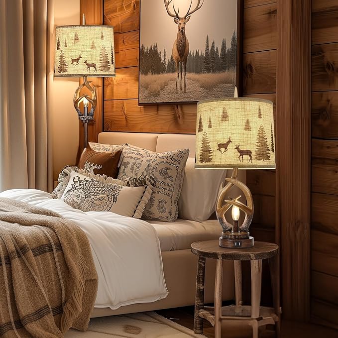 Scenekoy Rustic Farmhouse Antlers Table Lamp Set of 2 with Nightlight Dual USB Ports Linen Fabric Round Shade Bedside Lamp Decor for Living Room Bedroom Office House
