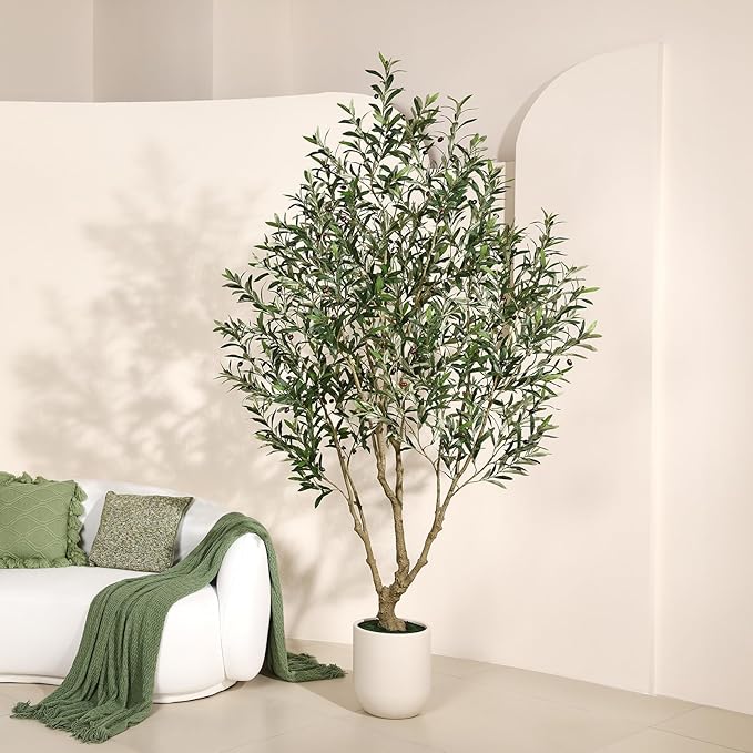 Olive Tree Artificial Indoor, 8FT Tall Faux Olive Tree with 11.5in White Cylinder Round Planter, Artificial Plants with Natural Wood Trunk and Lifelike Leaves for Home Office Decor