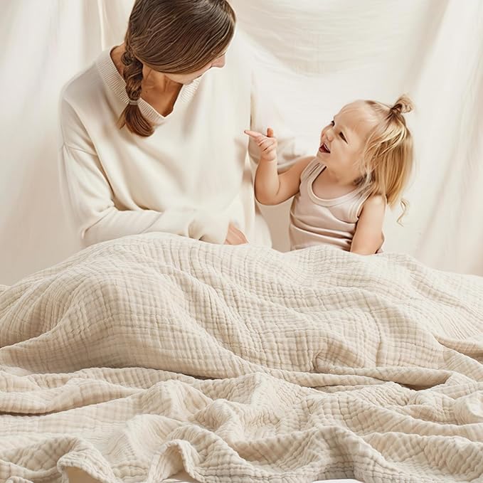 Carriediosa 100% Cotton Muslin Throw Blanket 50" X 70" Throw XL Size，4-Layers Summer Gauze Throws for Bed Couch，Soft Lightweight Breathable Linen Blankets Bedspread for Adults All Season，Khaki