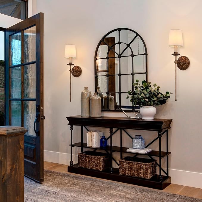 Wall Sconces Set of 2 Antique Brass Wall Lights Vintage Farmhouse Off-White Fabric Wall Lamp for Vanity Stairway Fireplace Living Room Bedside Passway Hallway