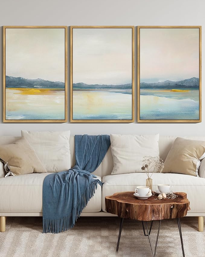 KUVIOKE Abstract Landscape Framed Wall Art Minimalist Neutral Illustrations Modern Art Decorative Nordic Home Decor 24x36in (Natural Framed)