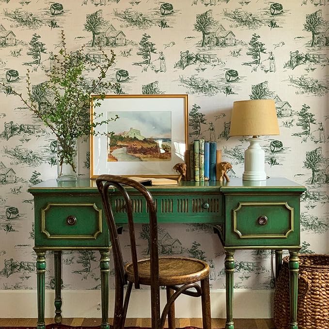 QUCHENG Toile de Jouy Wallpaper Chinoiserie Style Wall Sticker Monochrome Landscape Dresser Decal Removabal Self Adhesive Decor Peel and Stick Furniture Stickers Vintage Bedroom Livingroom Decoration