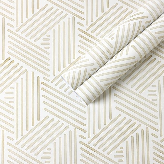 Ismoon 362"x17.3" Boho Wallpaper Modern Peel and Stick Wallpaper White Beige Geometric Contact Paper Neutral Line Removable Wall Paper Textured Hexagon Renter Friendly Kitchen Bathroom Vinyl Roll