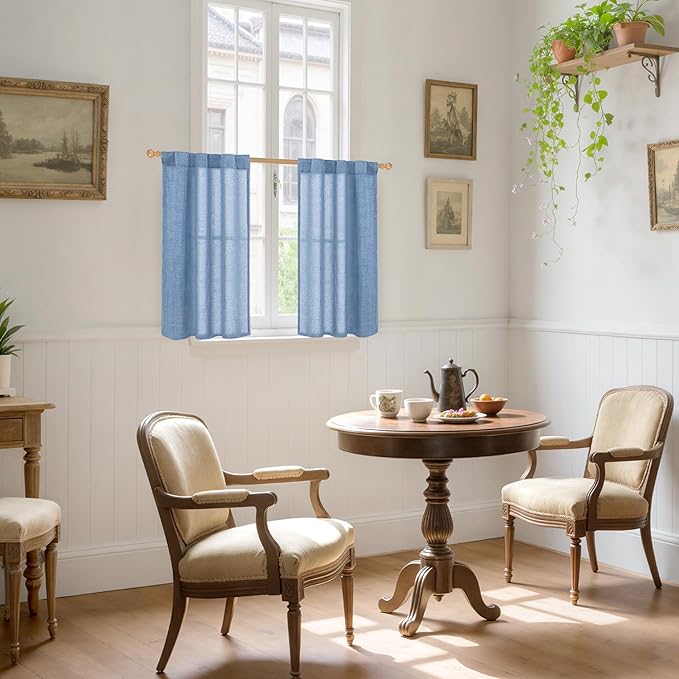 YoungsTex Denim Blue Linen Curtains 36 Inch Length for Kitchen Cafe Window, Small Half Window Drapes with Rod Pocket Back Tab Light Filtering for Bathroom, 2 Panels, 30 X 36 Inch