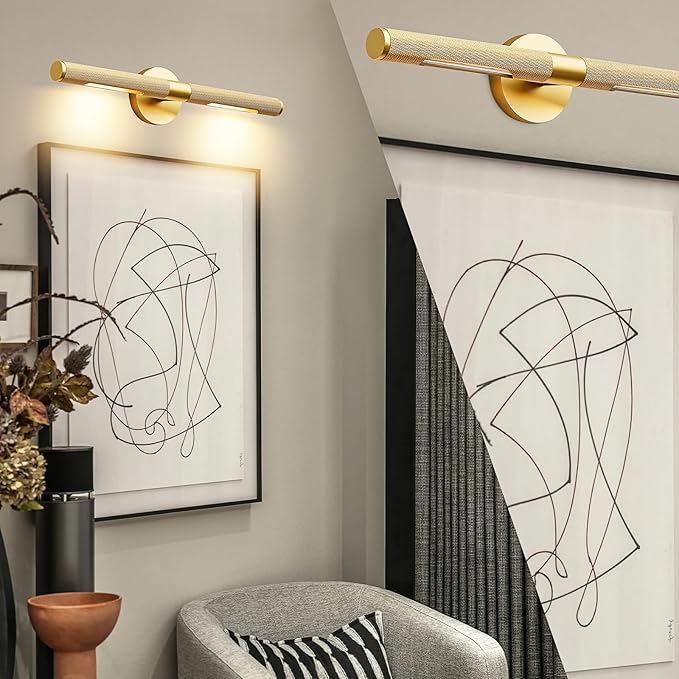 19” Brass Picture Lights, 3000K&6000K Modern Vanity Light, 360° Rotatable Wall Sconces Lampshade, Hardwired Art Light Over Picture Frame for Living Room, Bookcase, Artwork, Brass