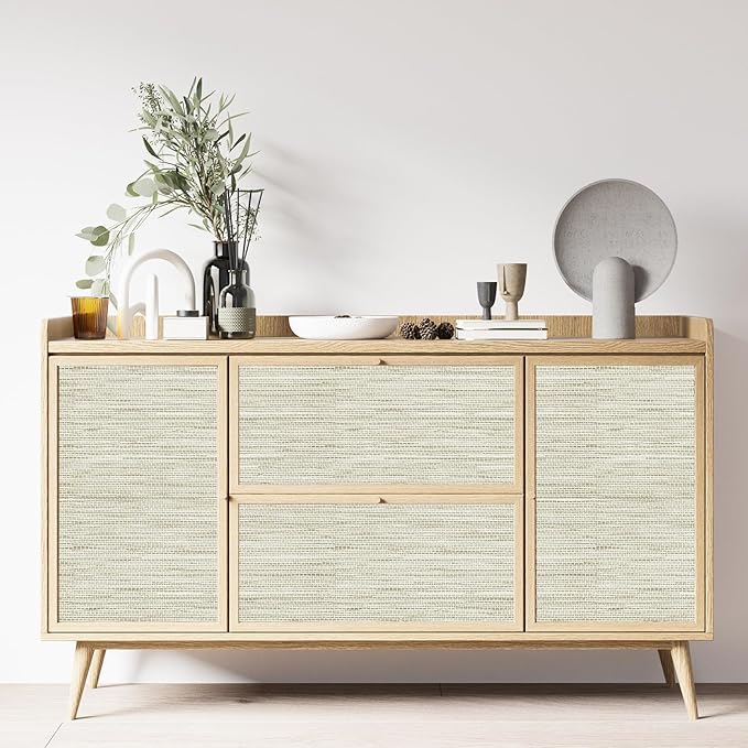 Simon&Siff Cream Textured Grasscloth Peel and Stick Wallpaper 17.7"x394" Neutral Faux Grassweave Waterproof Self Adhesive Removable Wallpaper Mural for Home Decor Bedroom Kitchen Cabinet