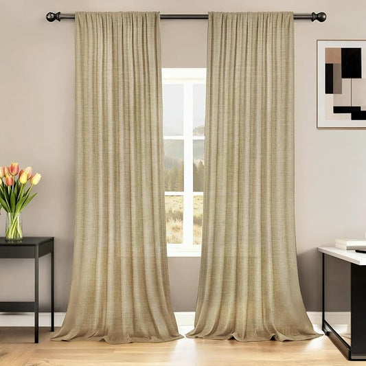 HESTIA Linen Curtains 63 inches Long for Living Room 2 Panels Set Khaki Drapes 70% Blackout Privacy Khaki Light Filtering Country Rustic Farmhouse Curtain for Home Office (63" L x 42" W)