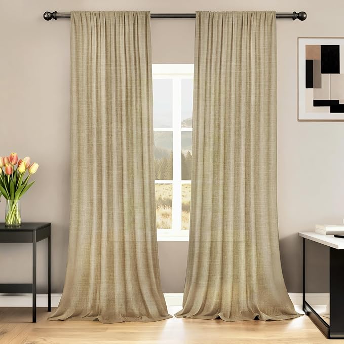 HESTIA Linen Curtains 96 inches Long for Living Room 2 Panels Set Khaki Drapes 70% Blackout Privacy Khaki Light Filtering Country Rustic Farmhouse Curtain for Home Office (96" L x 52" W)