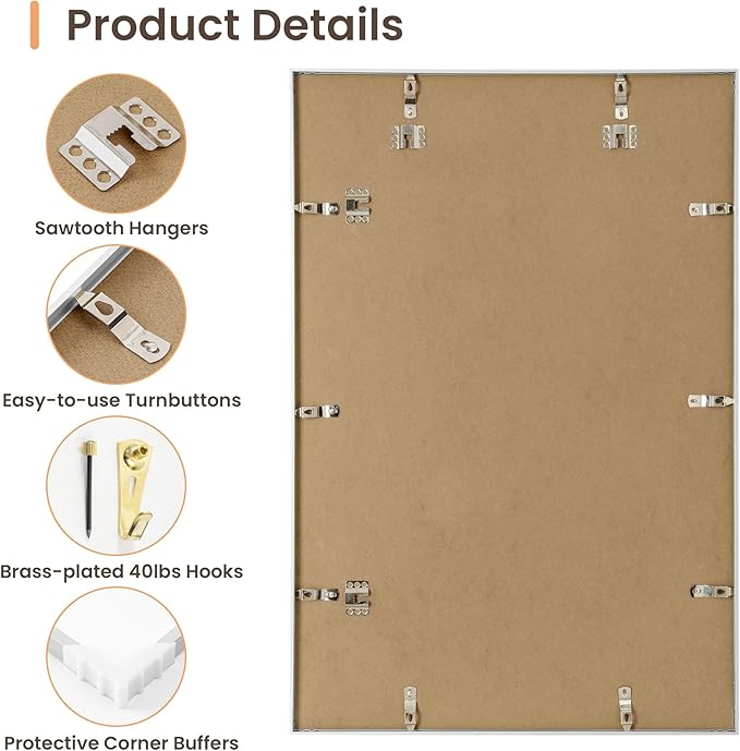 20x30 Aluminum Picture Frame, 20x30 Silver Metal Frame with Mat for 16x24 Photo, Wall Mounting or Tabletop Display, Poster Frame Sawtooth Picture Hangers Included for Home Wall Decor, Set of 1