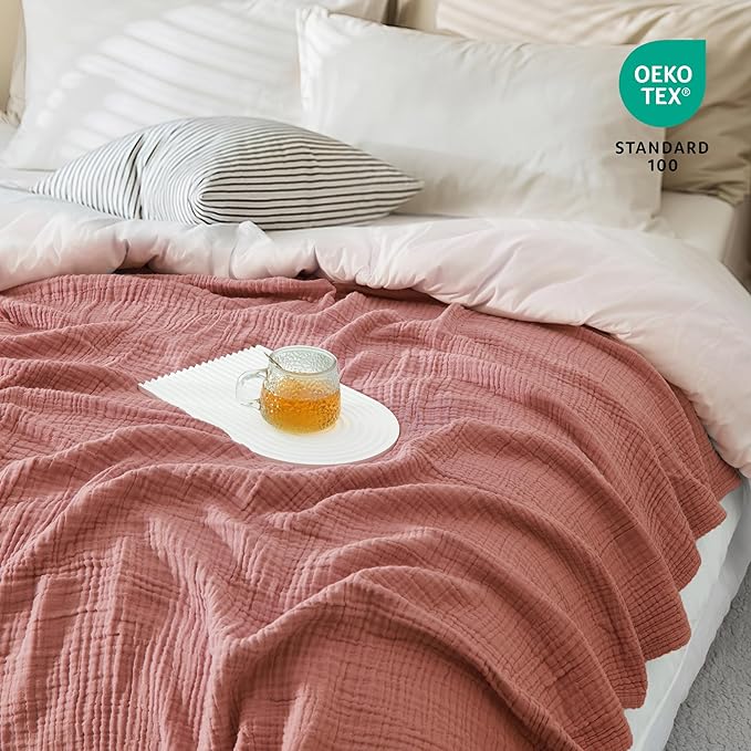 Carriediosa 100% Cotton Muslin Throw Blanket 70" X 80" Twin Size，4-Layers Summer Gauze Throws for Bed Couch，Soft Lightweight Breathable Linen Blankets Bedspread for Adults All Season，Mauve