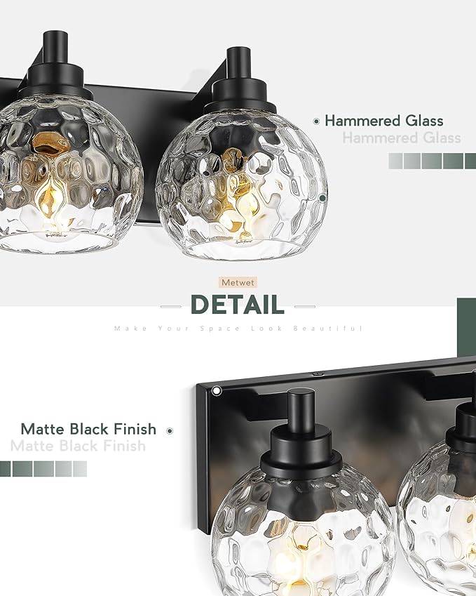 Bathroom Light Fixtures Over Mirror, 3-Light Matte Black Vanity Light with Clear Hammered Glass Globe Shade, Modern Sconces Wall Lighting for Bedroom Hallway, VL200-MB-3