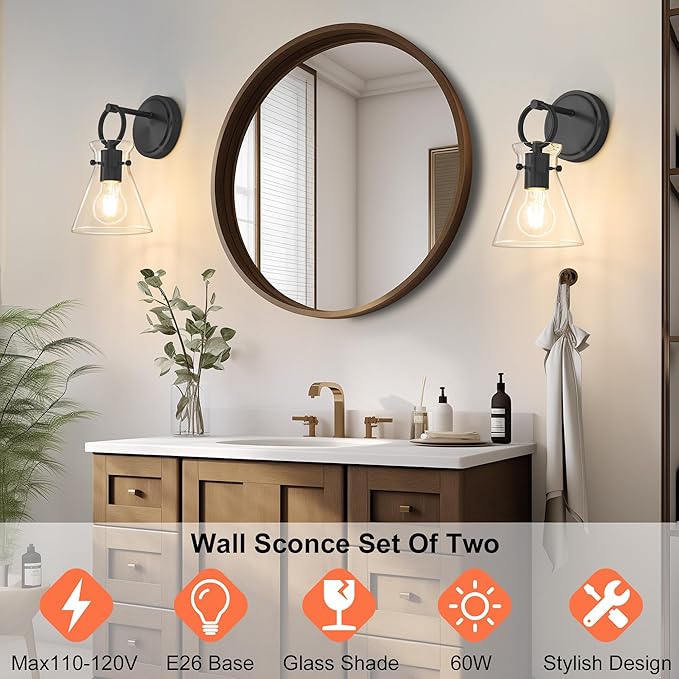 Wall Sconces Set of 2 Modern Vanity Light Fixtures for Bathroom Black Wall Mount Lighting Lamp Hardwired Farmhouse Wall Lights with 6 Inch Clear Glass Shade for Bedroom Living Room Mirror