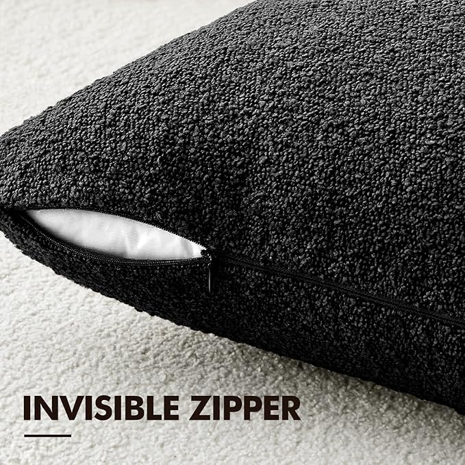 ANRODUO Pack of 2 Textured Boucle Throw Pillow Covers Soft Black Euro Decorative Accent Solid Pillow Cases Cozy Modern Couch Cushion Case for Chair Sofa Bedroom Living Room Home Decor, 22 x 22 Inch