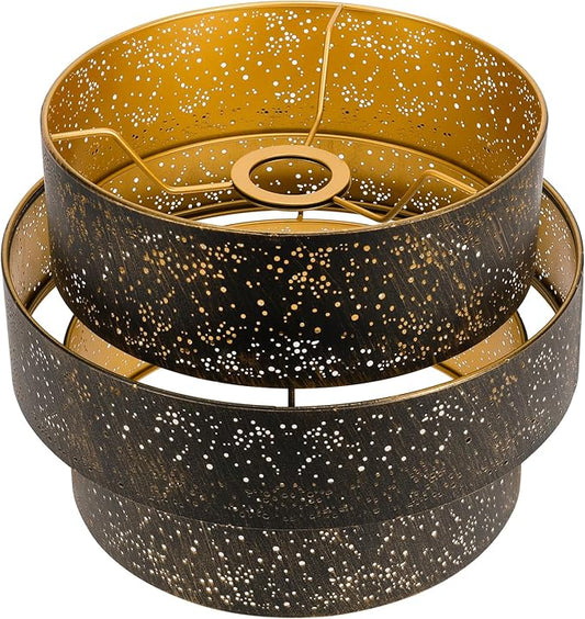 3-tier Drum Lampshade, ALUCSET Metal Lamp Shades for Pendant Lamp Floor Lamp Chandelier, Replacement Shade 11.8'' Width x 9'' High, UNO Fitter, Antique Bronze Gold Etched Stars Design