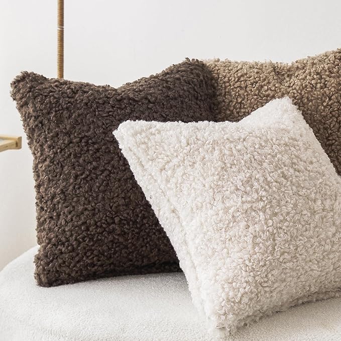 Foindtower 2 Pieces 26x26 Inch Chocolate, Faux Fur Throw Pillow Cover Accent Sherpa Pillow Fuzzy Soft Pillowcases Sheepskin Decorative Fleece Cushion Case for Bed Couch Living Room