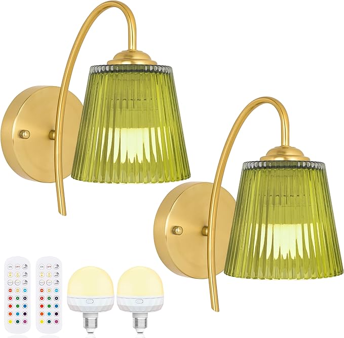 Vintage Battery Operated Wall Sconce with Flower lampshade,Rechargeable Battery Powered Wall Lights,Wall lamp With 15 Colors for Bedroom Living Room Home Decor (Green Stripe, 2 Light Battery Operated)