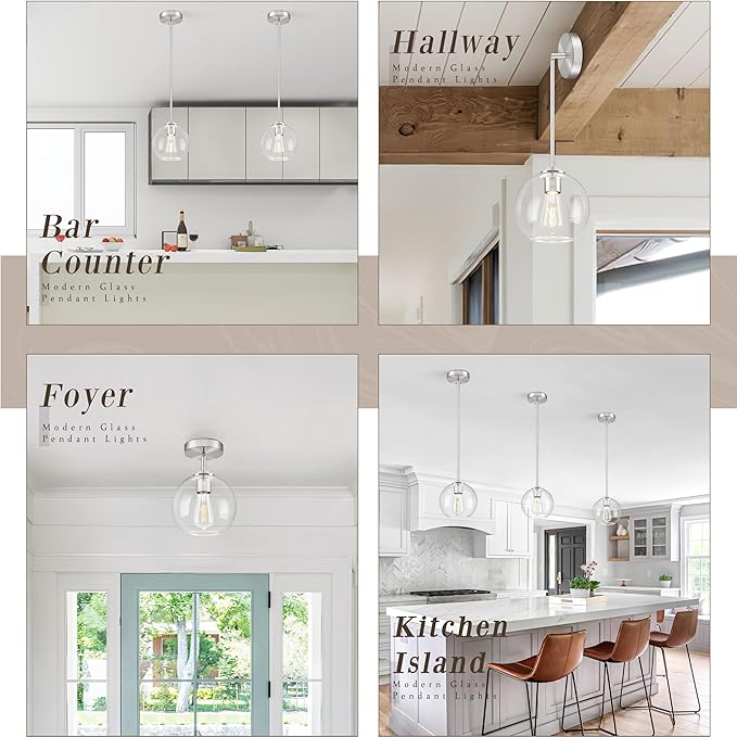 7 Inch Nickel Modern Pendant Lights Kitchen Island Mid Century Modern Pendant Light Fixtures with Clear Glass Globe Modern Hanging Pendant Light for Bathroom Bedroom （Bulb Incl）