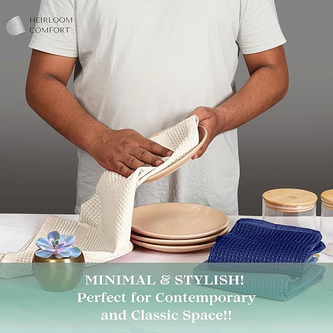 12 Pack Multi Color Waffle Weave Kitchen Towels, 16x26 Inch, 100% Cotton, Super Absorbent, Quick Dry, Hand Towels for Drying Dishes, Cleaning, Durable - Sky Blue, Ivory, Indigo Blue