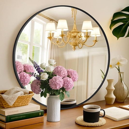 24 Inch Black Round Wall Mirror, Circle Bathroom Mirror with Brushed Metal Frame, Anti-Rust Tempered Glass Vanity Mirror for Bedroom, Entryway, Living Room Farmhouse Decor