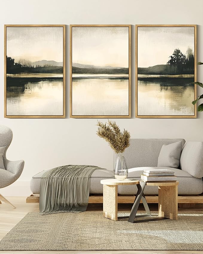KUVIOKE Watercolor Abstract Mountain Lake Framed Wall Art Brown Landscape Nature Wilderness Painting Nordic Neutral Tan Illustration Decorative Home Decor 16x24in (Natural Framed)
