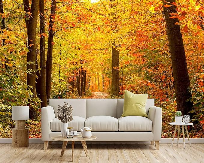 -Autumn Gold Forest Jungle Tree Fabric Wallpaper Living Room Bedroom Bathroom Woodland Scenery Wall Mural- 91"x65"（ not Peel and Stick）