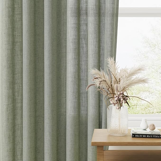 Sage Green Linen Curtains 45 Inches Long 2 Panel Set Rod Pocket Semi Sheer Dining Room Cozy Bedroom Decor Cotton Look Country Rustic Farmhouse Boho Curtains 52x45