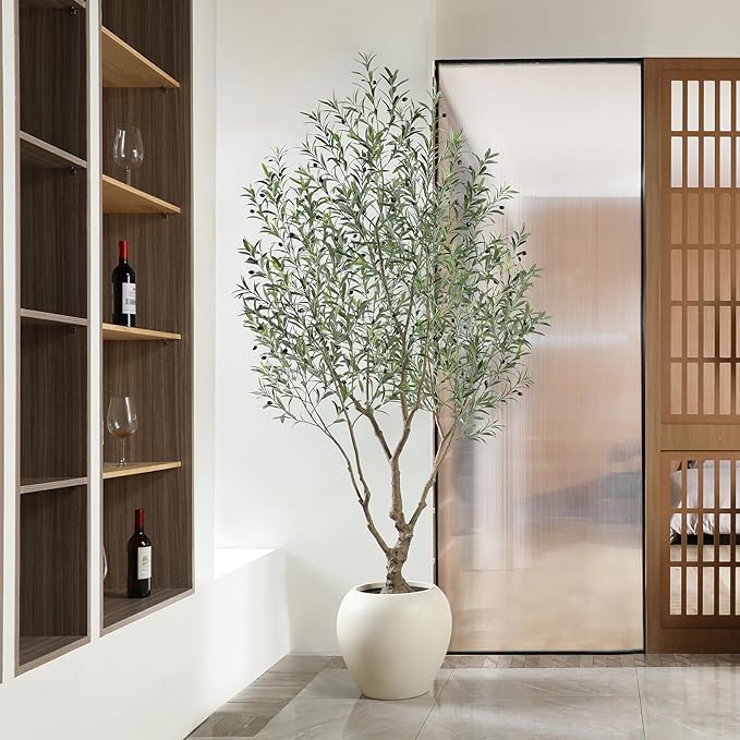 Olive Trees Artificial Indoor, 8 Feet Tall Faux Olive Tree with Round Artisan Planter, Premium Handmade, Realistic Trunk & Lifelike Leaves, Perfect for Large Spaces & Elegant Home/Office Decor