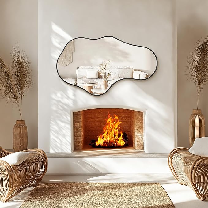 Irregular Wall Mirror, 24"x40" Black Abstract Asymmetrical Mirrors for Wall, Decorative Cloud Aesthetic Mirror for Bathroom, Bedroom, Cloakroom, Entryway, Shatter-Proof Aluminum Alloy Frame