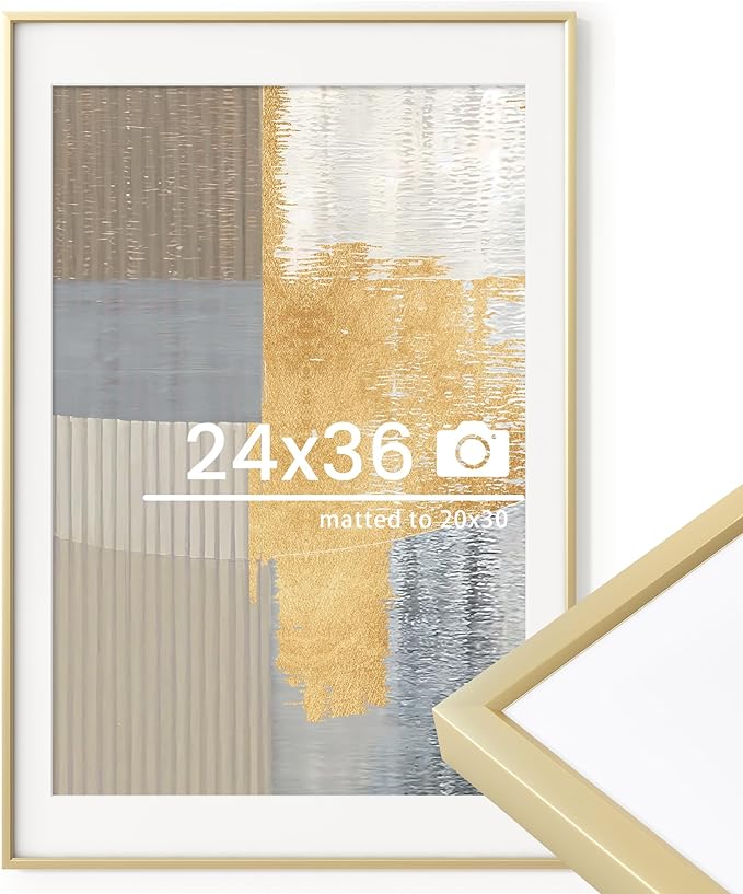 24x36 inch Metal Poster Frame - 24 x 36 Thin Aluminum Picture Frames Matted for 20x30 Photos, Artworks, Prints, Puzzle - High Definition Plexiglass - Vertical and Horizontal Display - Wall Hook Hanging Hardware Included - Gold, Set of 1