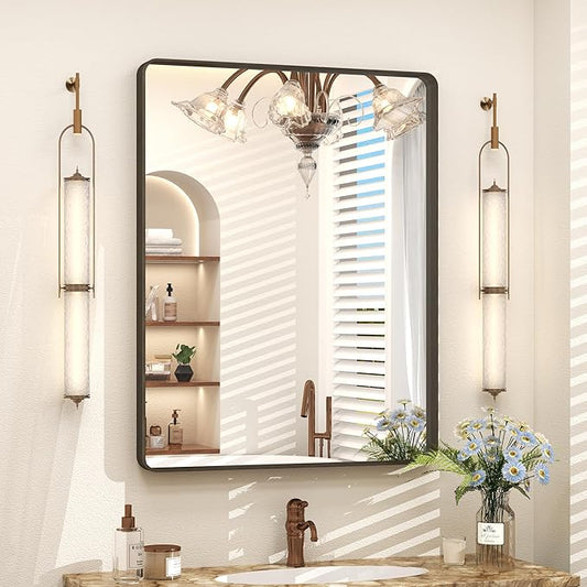 24x32 Inch Bronze Framed Bathroom Mirror, Brushed Bronze Metal Vanity Mirror, Bronze Rectangle Wall Mirror, Rounded Corner, Tempered Glass, Anti-Rust, Shatterproof (Horizontal/Vertical)