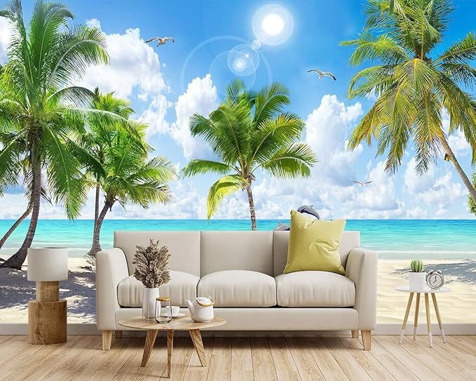 -Tropical Beach Palm Leaves Living Room Fabric Wallpaper Ocean Dolphin Plants Boys Girls Kids Room Bathroom Bedroom Large Mural- 137"x96"（ not Peel and Stick）
