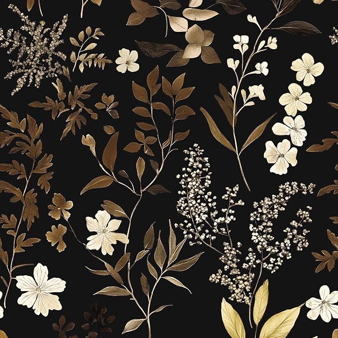 Vintage Wallpaper Peel and Stick Black Floral Wall Paper 17.4" x 118" Black Gold Contact Paper Self-Adhesive Wall Covering for Bedroom Desk Cabinet Decor