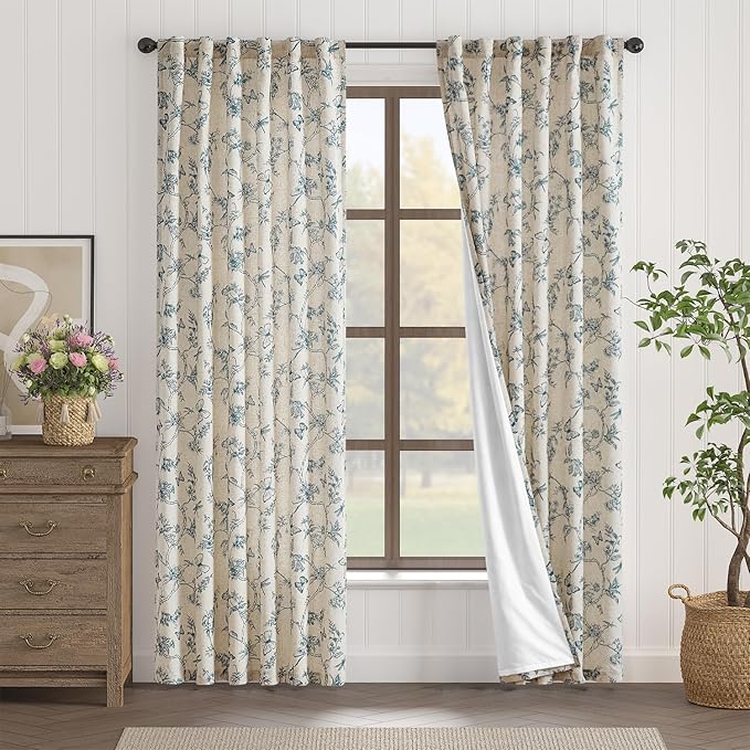 Lazzzy Blue Floral Curtains 84 Inch Length Lined Linen Farmhouse Back Tab Drapes for Living Room Bedroom Light Filtering Vintage Rod Pocket, 2 Panels, Blue on Beige