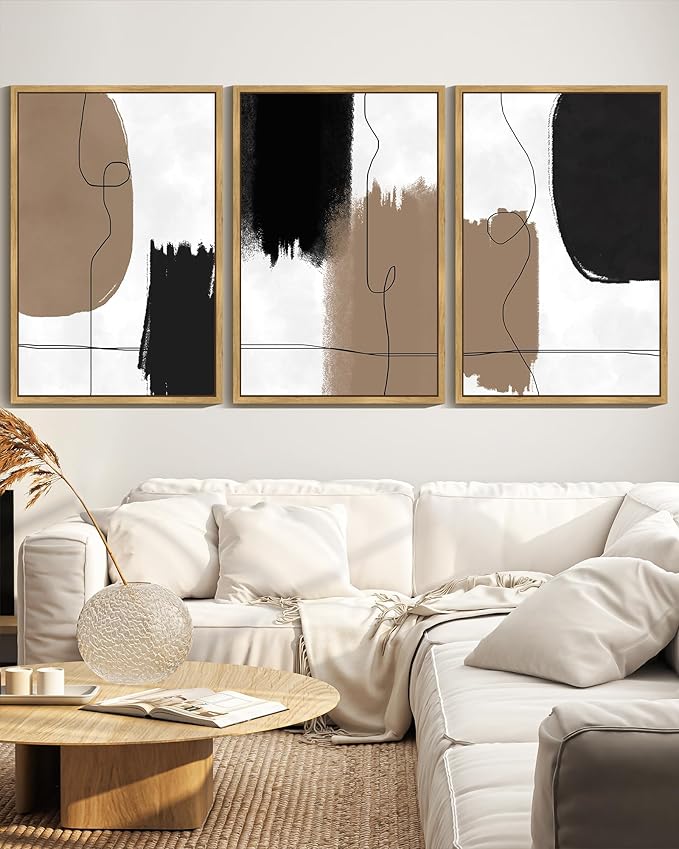 KUVIOKE Neutral Abstract Framed Wall Art Beige Mid Century Textured Wall Decor Minimalist Line Modern Illustrations Art Print Home Decor 24x36in (Natural Framed)