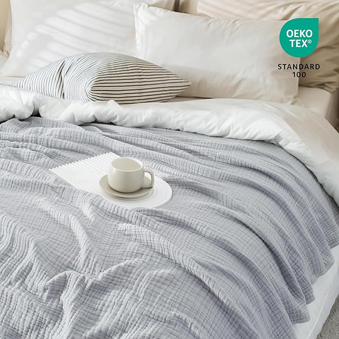 Carriediosa 100% Cotton Muslin Throw Blanket 50" X 70" Throw XL Size，4-Layers Summer Gauze Throws for Bed Couch，Soft Lightweight Breathable Linen Blankets Bedspread for Adults All Season，Grey