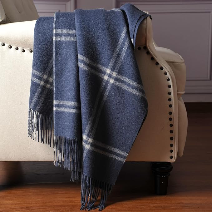 CUDDLE DREAMS Premium Cashmere Throw Blanket with Fringe, Luxuriously Soft (Plaid Blue)