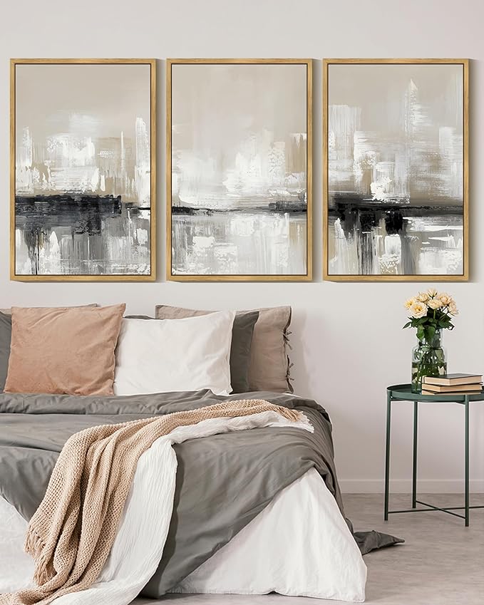 KUVIOKE Abstract Gray Framed Wall Art Neutral Brown Artwork Painting Morden Minimalist Wall Decor Rustic Home Decor 16x24in (Natural Framed)