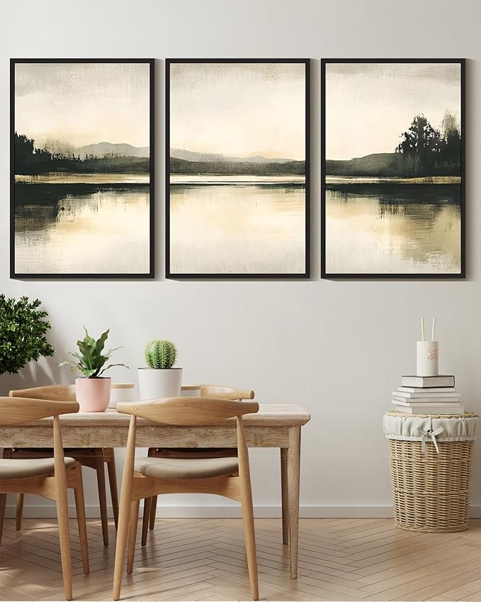 KUVIOKE Watercolor Abstract Mountain Lake Framed Wall Art Brown Landscape Nature Wilderness Painting Nordic Neutral Tan Illustration Decorative Home Decor 16x24in (Black Framed)