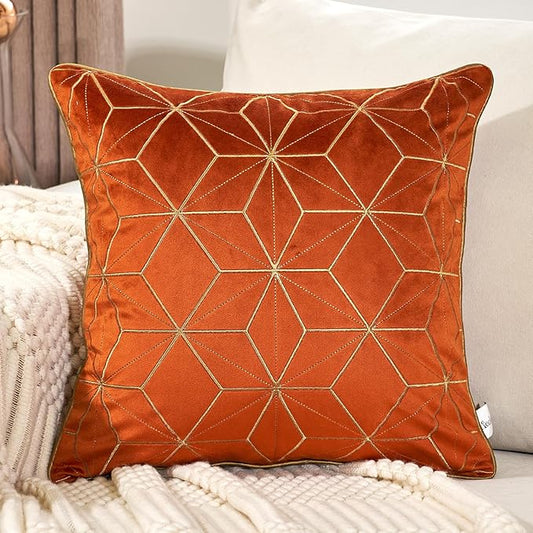 Aeckself Orange Gold Throw Pillow Cover 18 x 18 Inch, Luxury Velvet Embroidery Geometric Plaid Stripes Pillow Cover Modern Square Pillowcase for Couch Living Room Bedroom