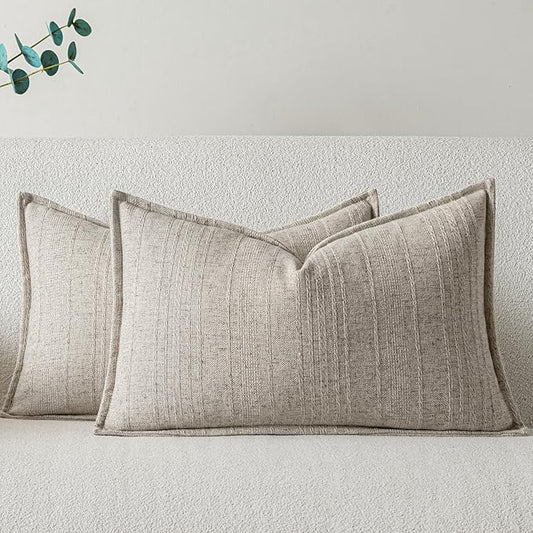 a moment Linen Pillow Covers Set of 2,Boho Farmhouse Throw Pillowcases Neutral Textured Decorative Covers for Couch Sofa Bed, Soft Linen Blend Accent Case Cushion Living Room Home Decor 20"x12"Khaki