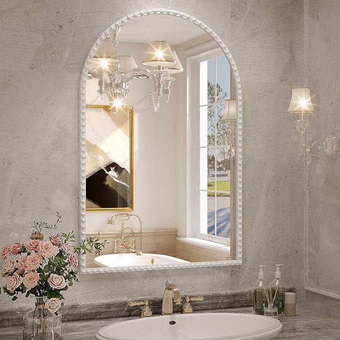 Arched Mirror for Wall, 24"x36" White Arch Bathroom Vanity Mirror, Metal Floral Frame Decorative Arch Wall Mirror, White Arched Mirror for Washroom, Bedroom, Entryway, Living Room