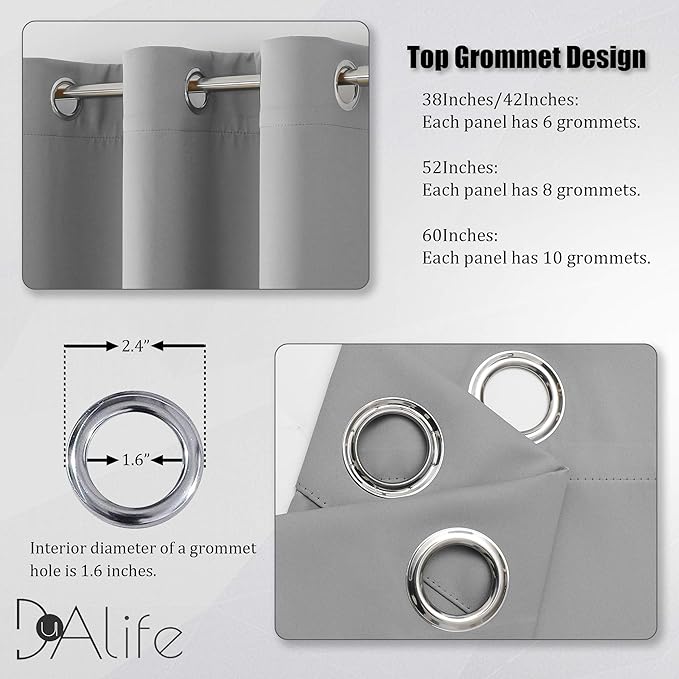 DUALIFE Blackout Curtain for Bedroom -Thermal Insulated Solid Blackout Window Drapes,Room Darkening Bedroom Curtains Grommet Top 38 x 54 inch Length, Light Grey