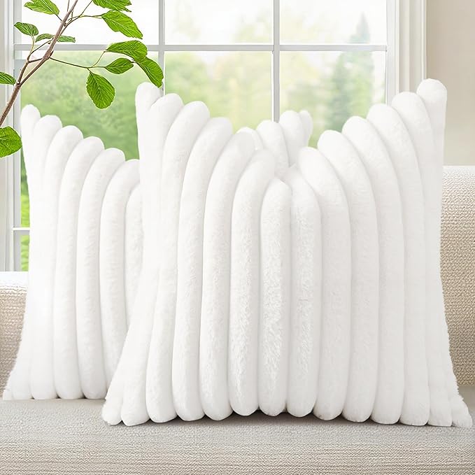 decorUhome Faux Fur Christmas Throw Pillow Covers 22x22 Set of 2, Decorative Soft Plush Striped Neutral Couch Euro Pillow Covers with Velvet Back for Sofa, Bed, Living Room Home Decor, White