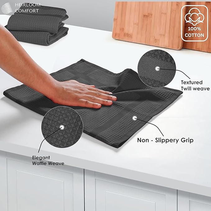 100% Cotton Kitchen Towels, 16"x26", 3 Pack, Waffle Weave, Absorbent, Fast Drying Dishcloth Set for Cleaning, Hand Towels, Dish Rags, Wash Cloth, Durable, Machine Washable, Gray