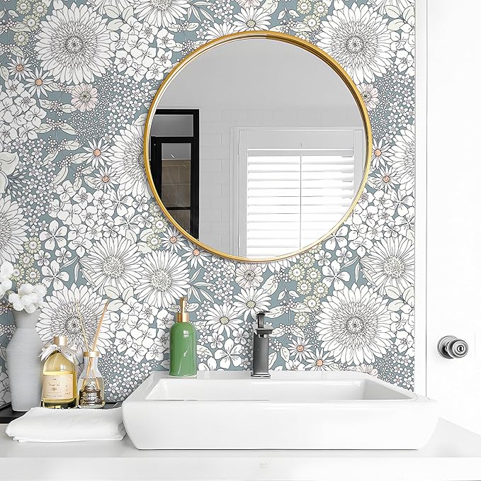 Livelynine 17.5x276 Blue Peel and Stick Wallpaper Boho Floral Minimalist Flower Wallpaper for Bathroom Nursery Renter Friendly Elegant Light Blue Dainty Floral Contact Paper for Kitchen Cabinets