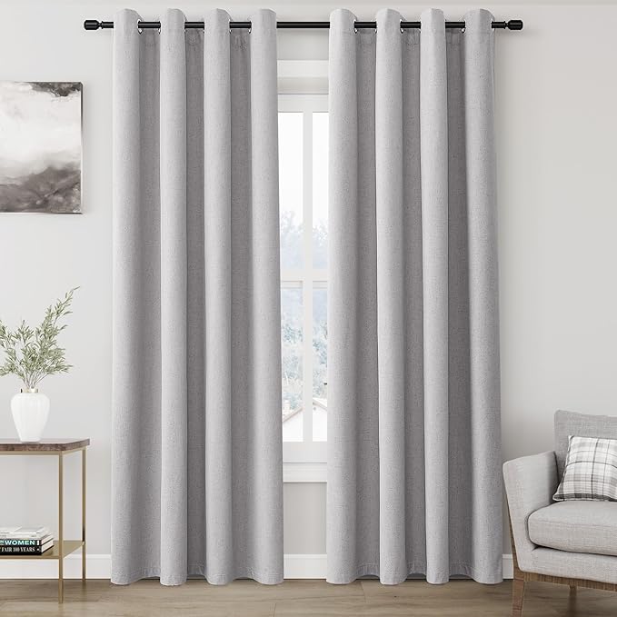 Grommet Grey Blackout Linen Curtains 84 inches Long for Bedroom Full Light Blocking Thermal Insulated Black Out Curtain Panels 84 Inch Length Energy Saving Room Darkening Curtain White Backing 52x84