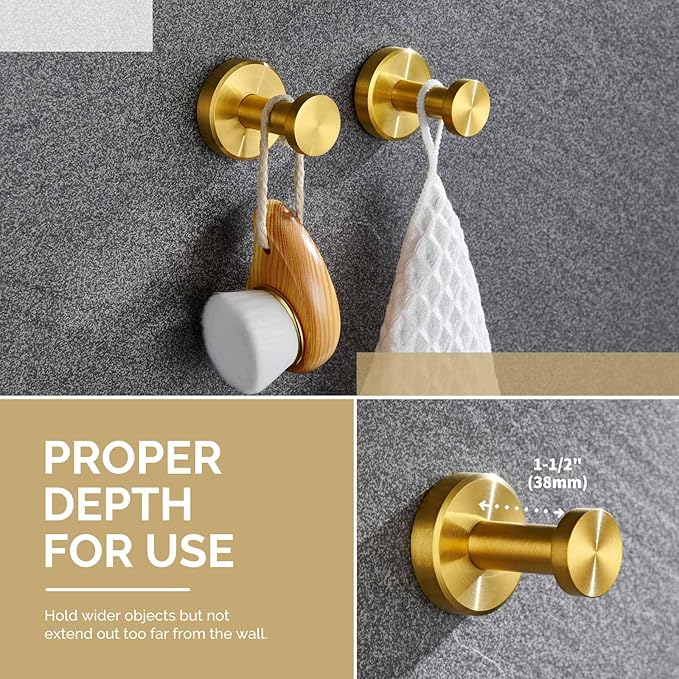 Angle Simple Towel Hooks, SUS 304 Stainless Steel Coat Robe Wall Hooks, Bathroom Hand Towel Hanger, Brushed Gold, 2 Pack