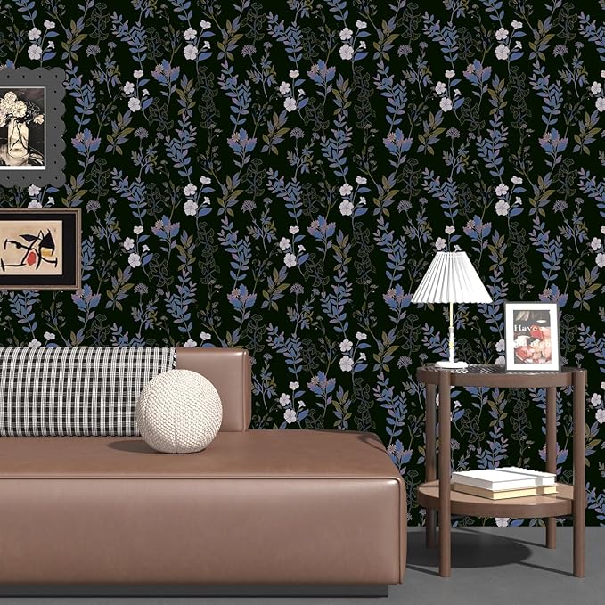 Black Blue Floral Wallpaper Peel and Stick Boho Blue Purple Leaf Contact Paper 17.4" X 118" Vintage Wallpaper Waterproof Self-Adhesive Dark Wall Covering for Bedroom Countertop Desk Cabinets