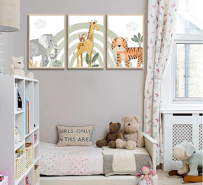 3Pcs Safari Animals Canvas Wall Art elephant tiger giraffe Posters Prints Bohemian Rainbow elements Paintings Pictures wall decor for Nursery Baby Bedroom Decorations Unframed